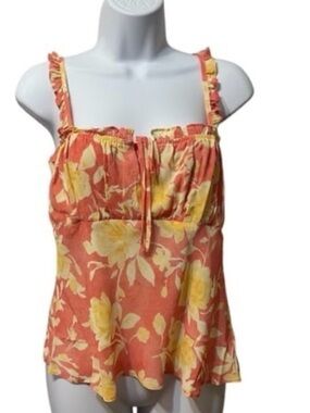 WAYF Coral Yellow Floral Ruffle Tie Front Coastal Babydoll Cami Top sz S NWT
